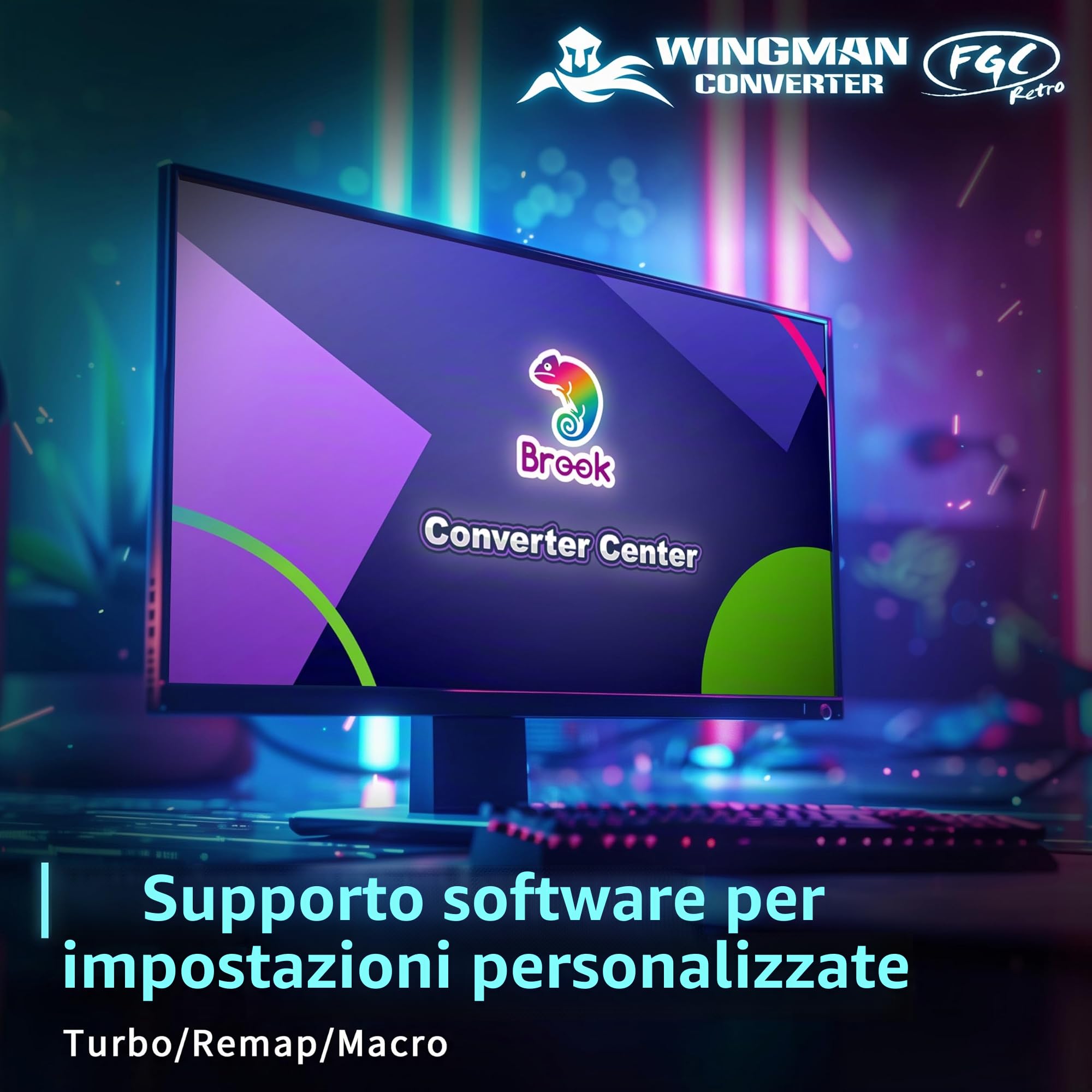Brook Wingman FGC Retro con Portachiavi - PS1 & PS2 Controller per PS5, PS4, PC - Turbo, Remap, Macro - X-Input - Compatibile con tappetini da ballo, arcade, controller di gioco ritmico