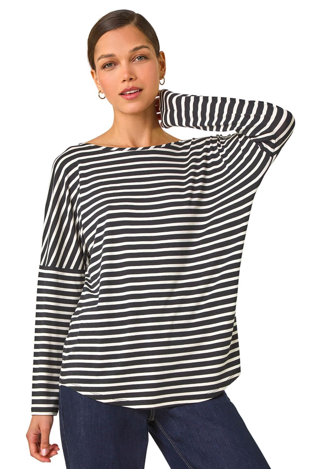 Roman Originals Women's Black White Batwing Long Sleeve Stretch Top For Uk - Everyday Holiday Spring Summer Round Neckline Comfy Soft Evening Vacation Work Party - Size 18