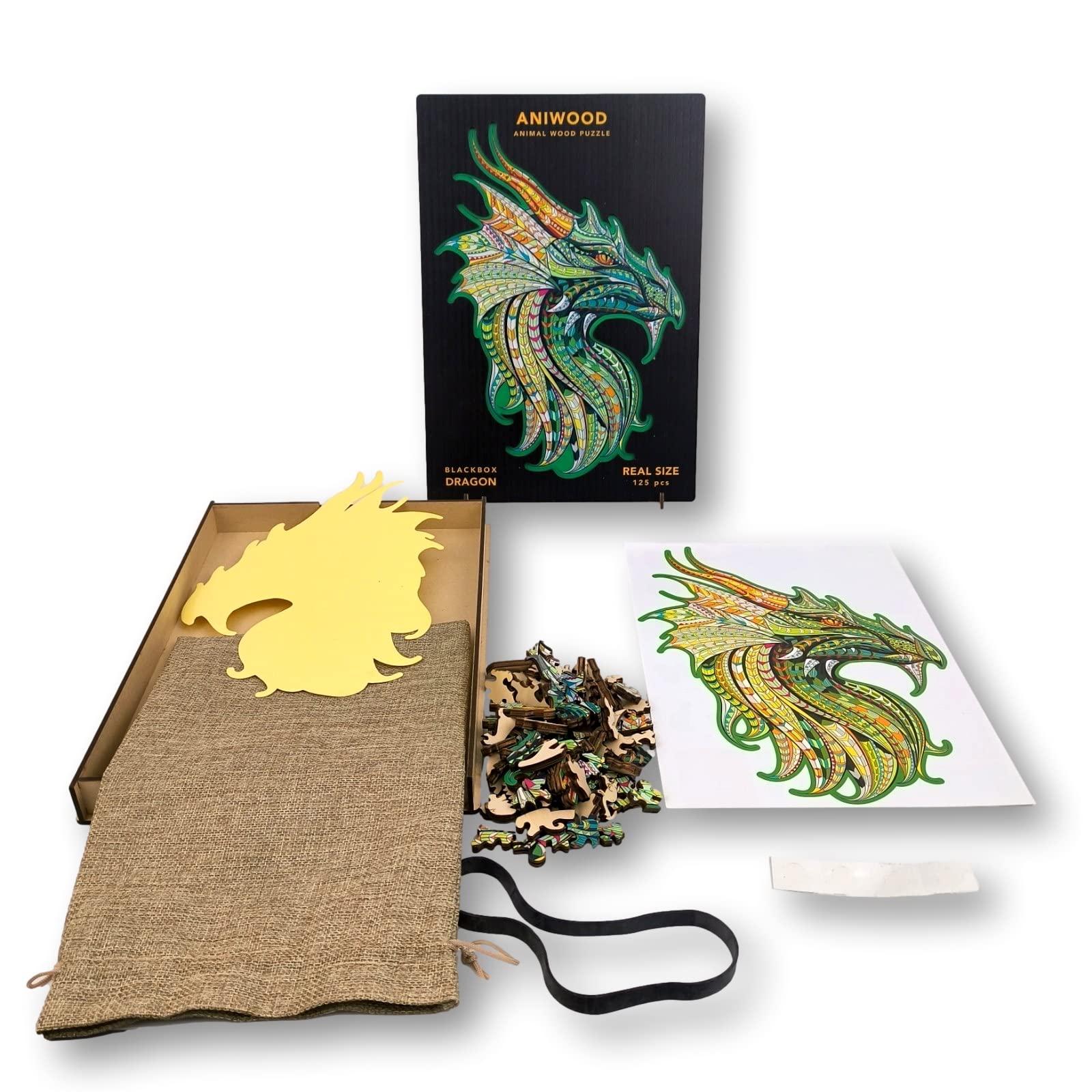 Aniwood drewniane puzzle w kształcie zwierząt Wieczko z wytłoczeniem w rozmiarze puzzli Zawiera unikalne elementy z kształtami zwierząt (rozmiar M, smok)