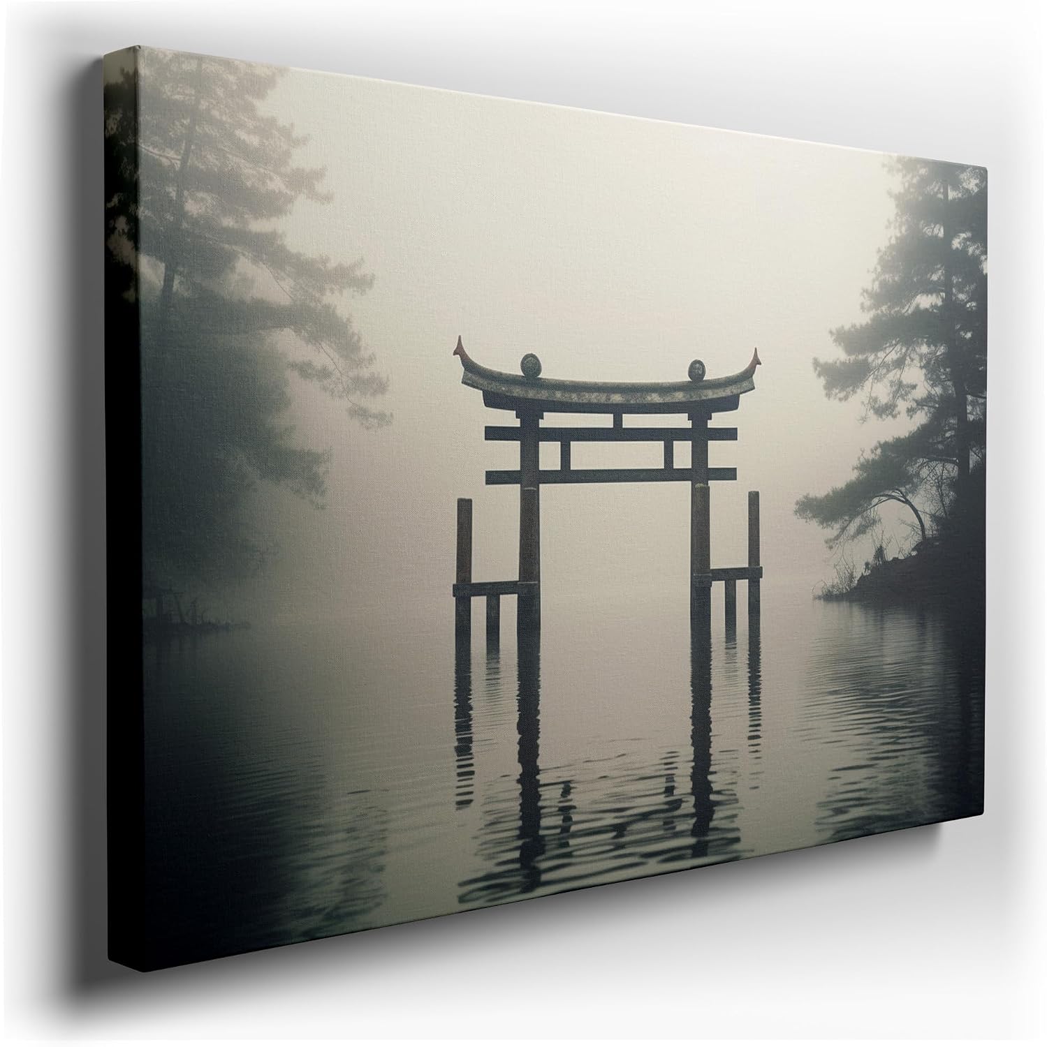 Canvas for Living room. Mystic Shores and the Solitary Torii Gate � A Vision of Japanese Tranquility Wrapped in Mist, 27 x 18 inch Canvas Wall Art - Watercolor Painting - Zen Wall Decor