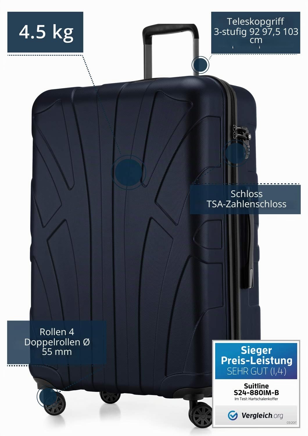 suitline - Großer Hartschalen-Koffer Koffer Trolley Rollkoffer XL Reisekoffer – Bild 2