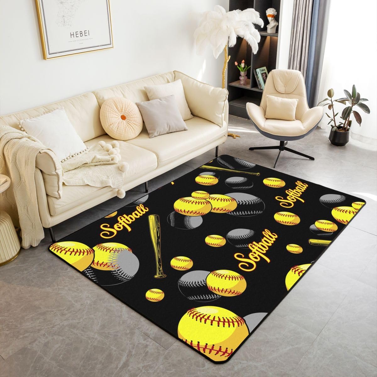 Erosebridal Softball Area Rug 5x7, Sports Games Rug for Kids Girls Teens Room Home, Yellow and Black Non Slip Washable Carpet for Living Room Softball Gifts Decorative Rug