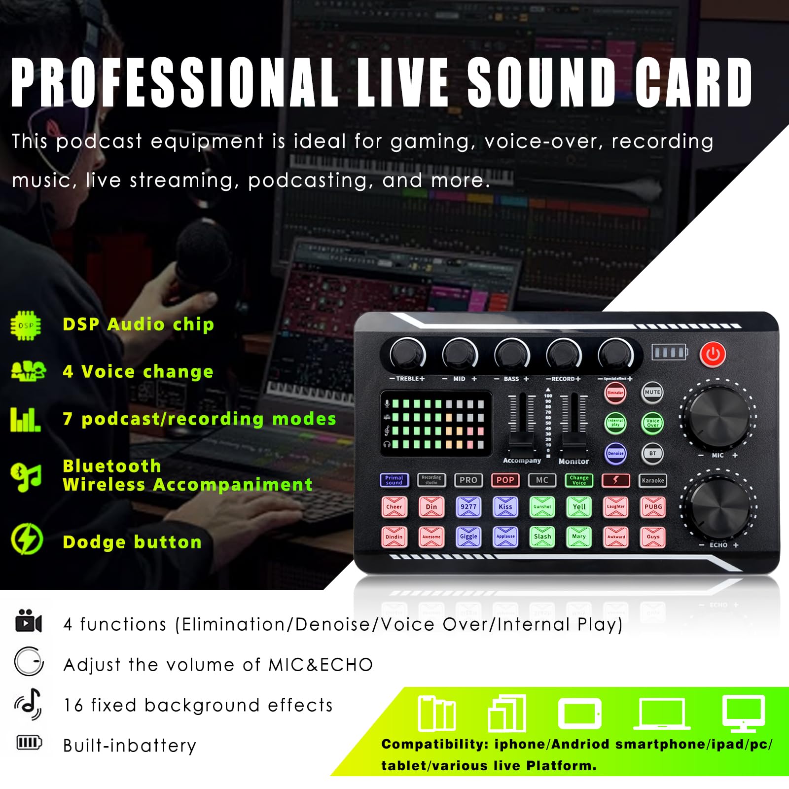 Scheda Audio Professionale per Suono Dal Vivo, Mixer Audio e Interfaccia Audio con Effetti Mixer DJ, Cambia Voce - Attrezzatura da Studio per Streaming/Podcasting/Gaming