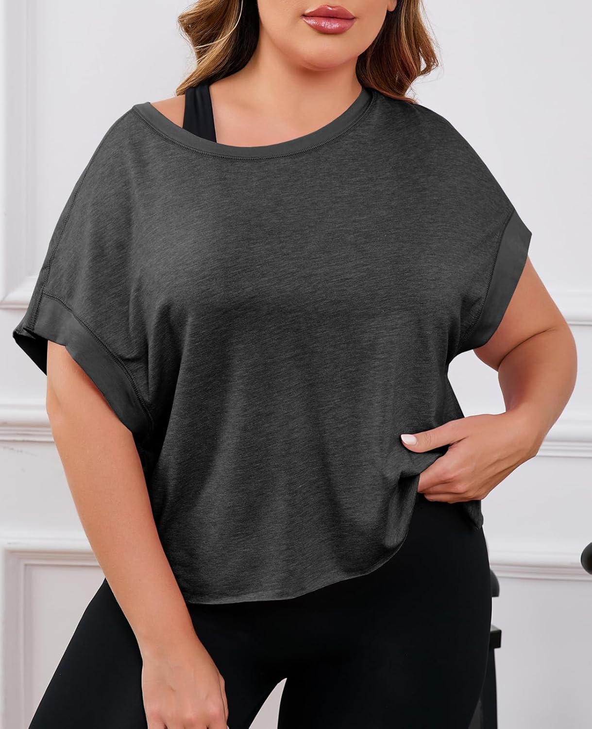 Fisoew Womens Plus Size Open Back Workout Tops Backless Short Sleeve Athletic Shirt Running Crop Top Gym Yoga T-Shirt - Image 3