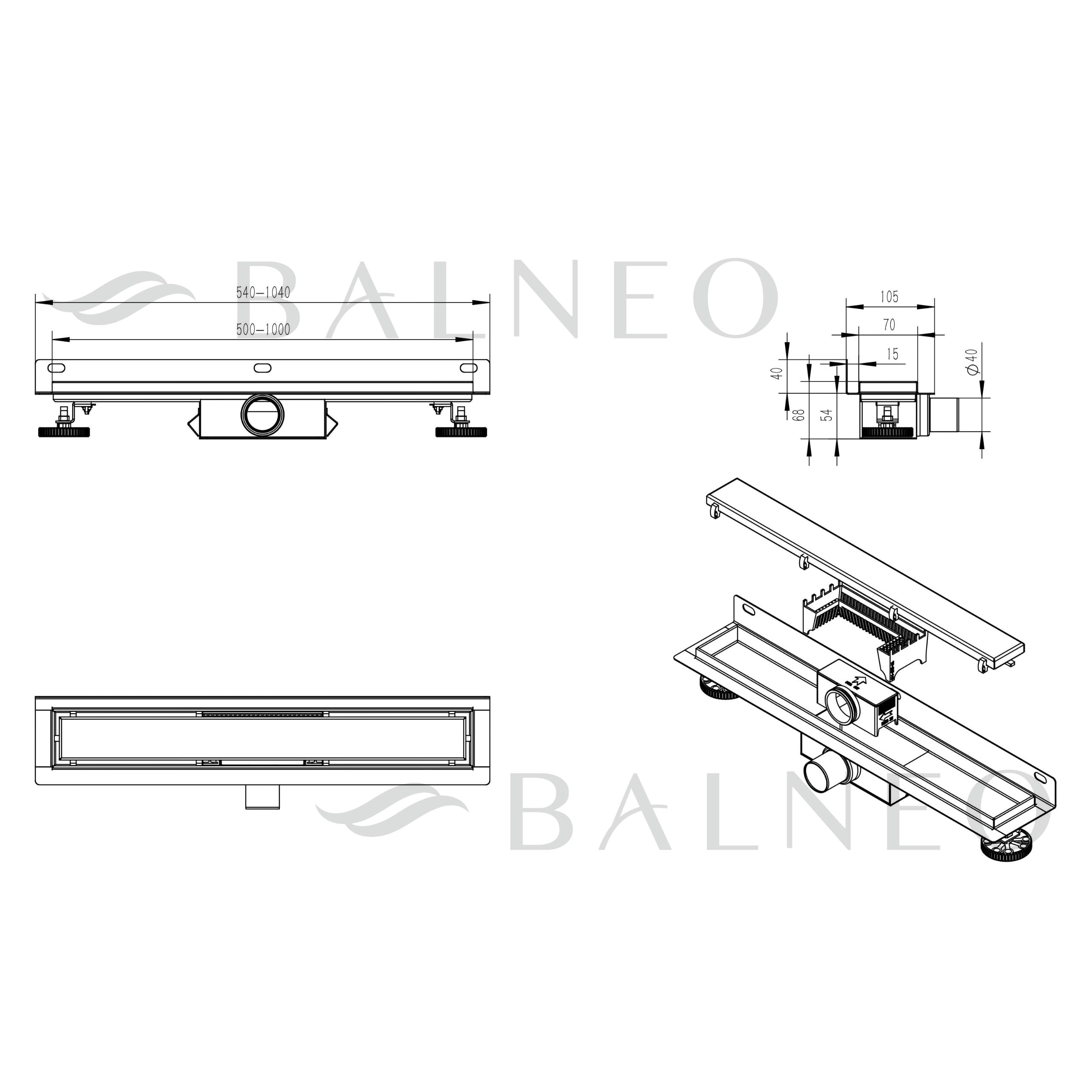 Canaleta de Ducha 50 cm, Desagüe de Pared INOX para Ducha - Canal de Drenaje Acero Inoxidable AISI 304, Rejilla con Sifón Antiolores Diseño Moderno para Baño y Ducha de Obra