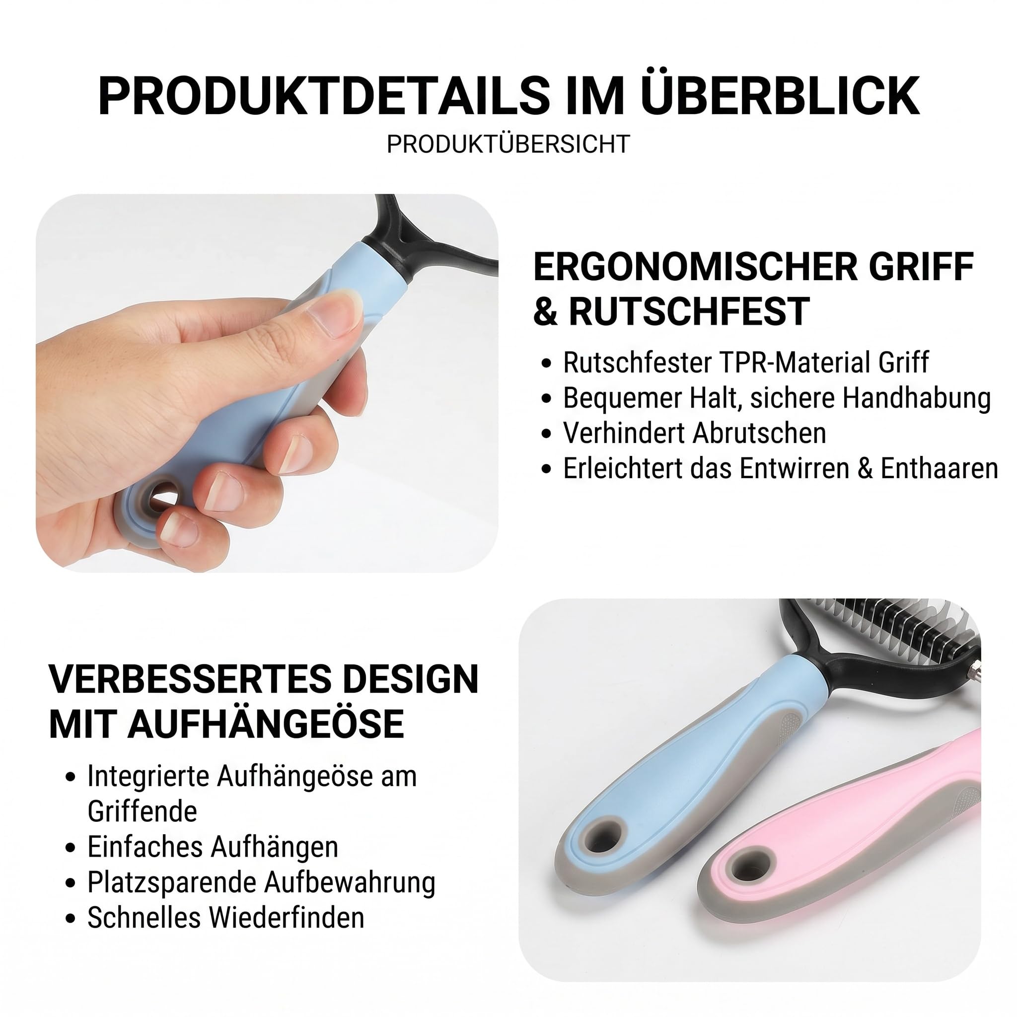 Pet Pro Grooming Tool, Unterwollkamm für Hunde Katzen 17 Zähne 2pcs | Edelstahl, TPR Griff, 17 Zähne, 2er Set, Langhaar Kurzhaar, Rundkopf, Fellpflege, Entfilzen, Blau Rosa