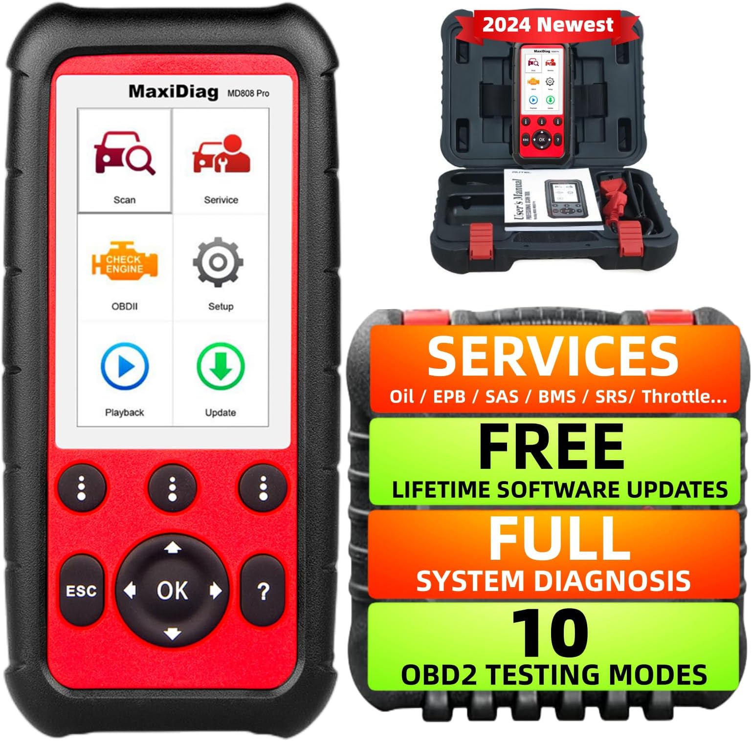 AutelMaxiDiag MD808 Pro All System OBDII Scanner, 2024 Newest Upgraded Version of Autel MD808/MD806, Parking Brake Pad Relearn, Live Data, EPB, SAS, BMS, Throttle, AutoScan, Free Lifetime Upgrade