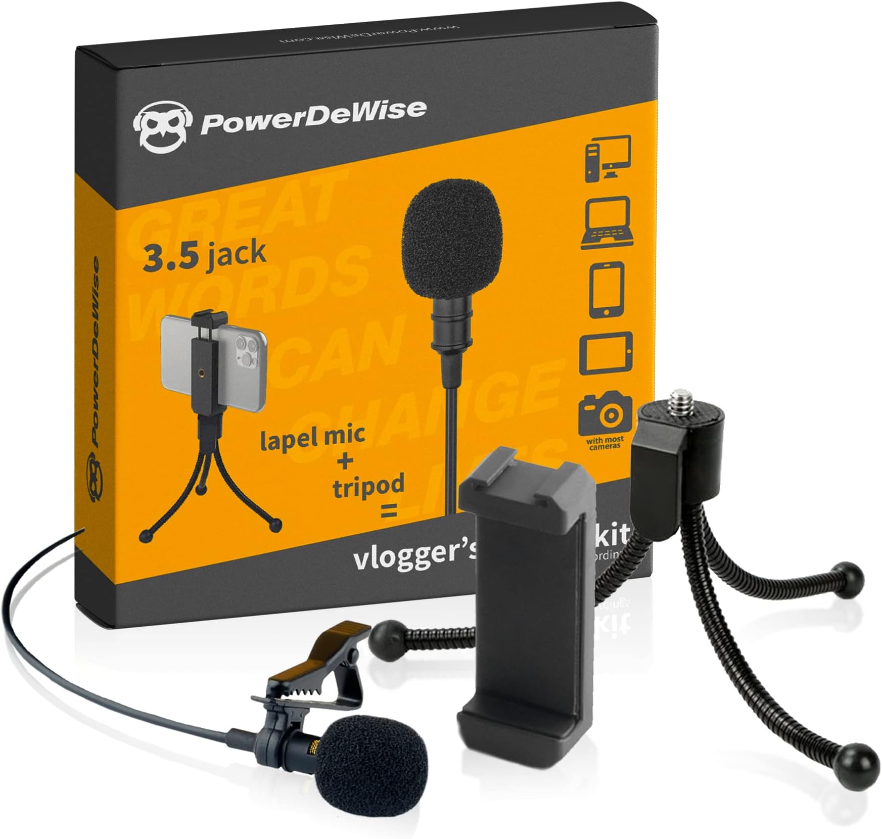 Vlog Kit - Lavalier Clip On Microphone with Tripod - Blogger Lav Mic Set for Camera Phone iPhone Video Recording ASMR - Small Noise Cancelling 3.5mm Tiny Shirt Microphone with Easy Clip On System