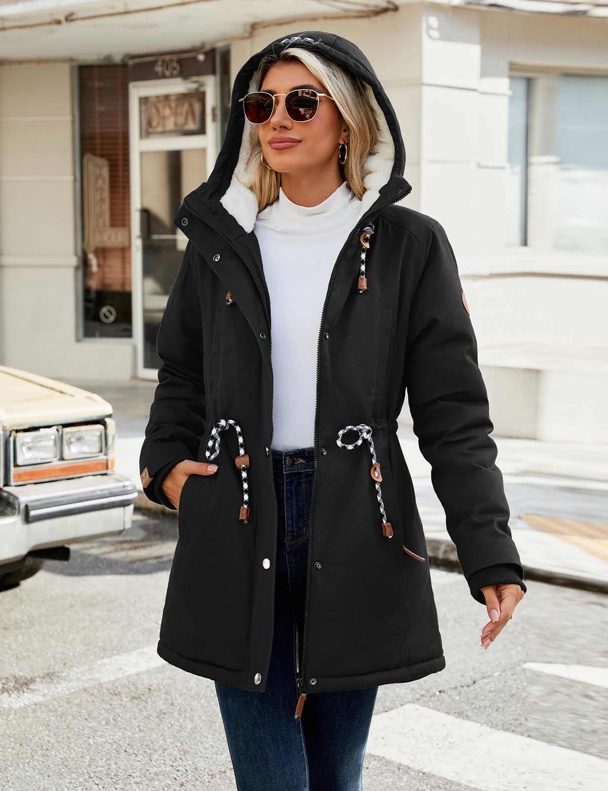 Xnova Parka Manteau Femme Polaire Chaude Mi Longue | Manteaux en Coton Coupe Vent Veste Polaire à Capuche Manche Longue Casual Blouson avec Zippé Coat Anti-Froid Automne Hiver