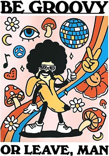 Póster de hongos, arte de pared hippie retro, disco de personajes de plátano, música, bola, decoración estética, letrero de metal de 8 x 12 pulgadas