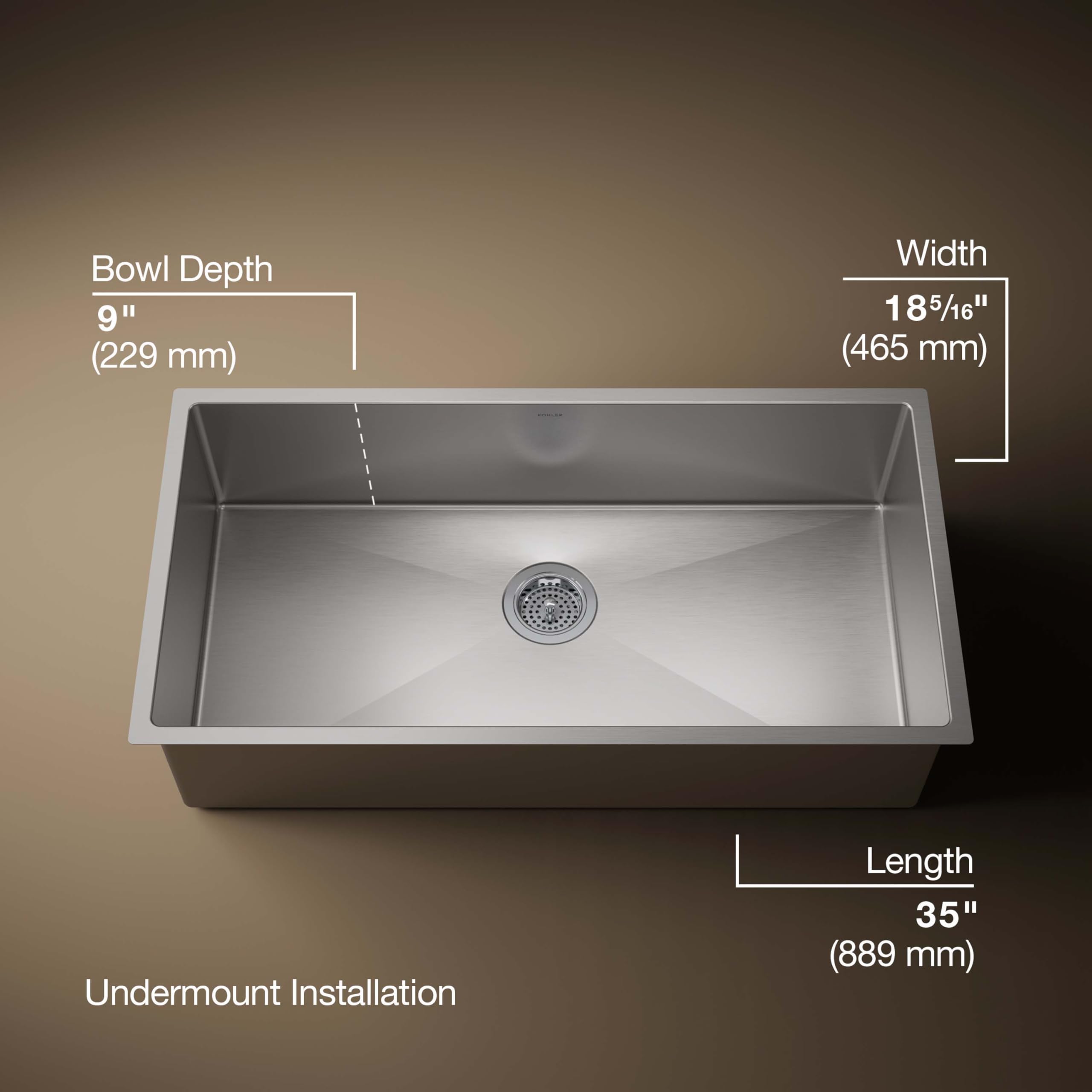 KOHLER K-5283-NA Strive 35-Inch x 18-5/16-Inch Undermount Extra-Large SingleBowl Kitchen Sink with Basin Rack, Stainless Steel
