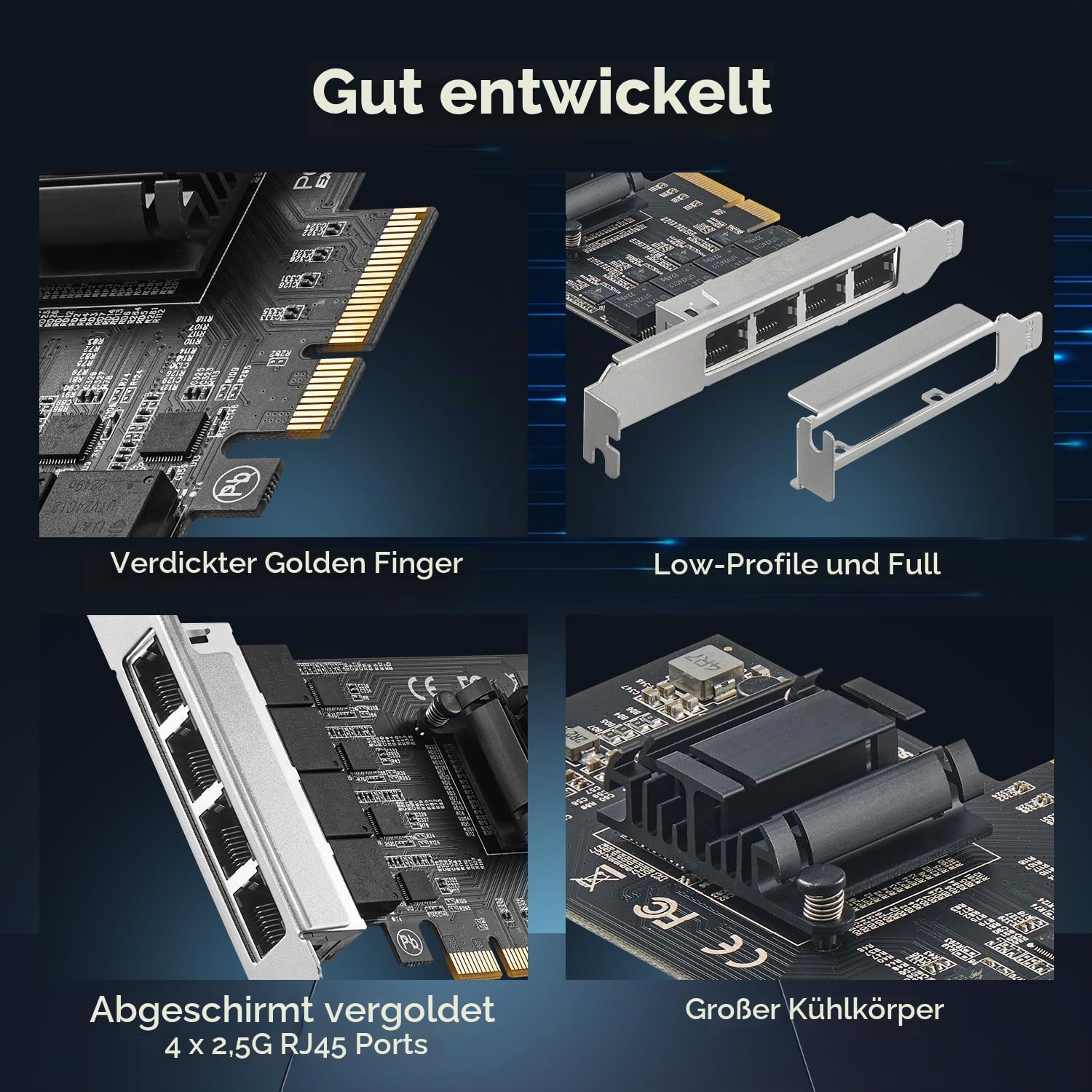 Binardat 4 Ports 2.5G PCIe Netzwerk Adapter, RTL8125B LAN Controller, 2500/1000/100Mbps RJ45 Ethernet NIC Karte, unterstützt PXE für Windows/Linux