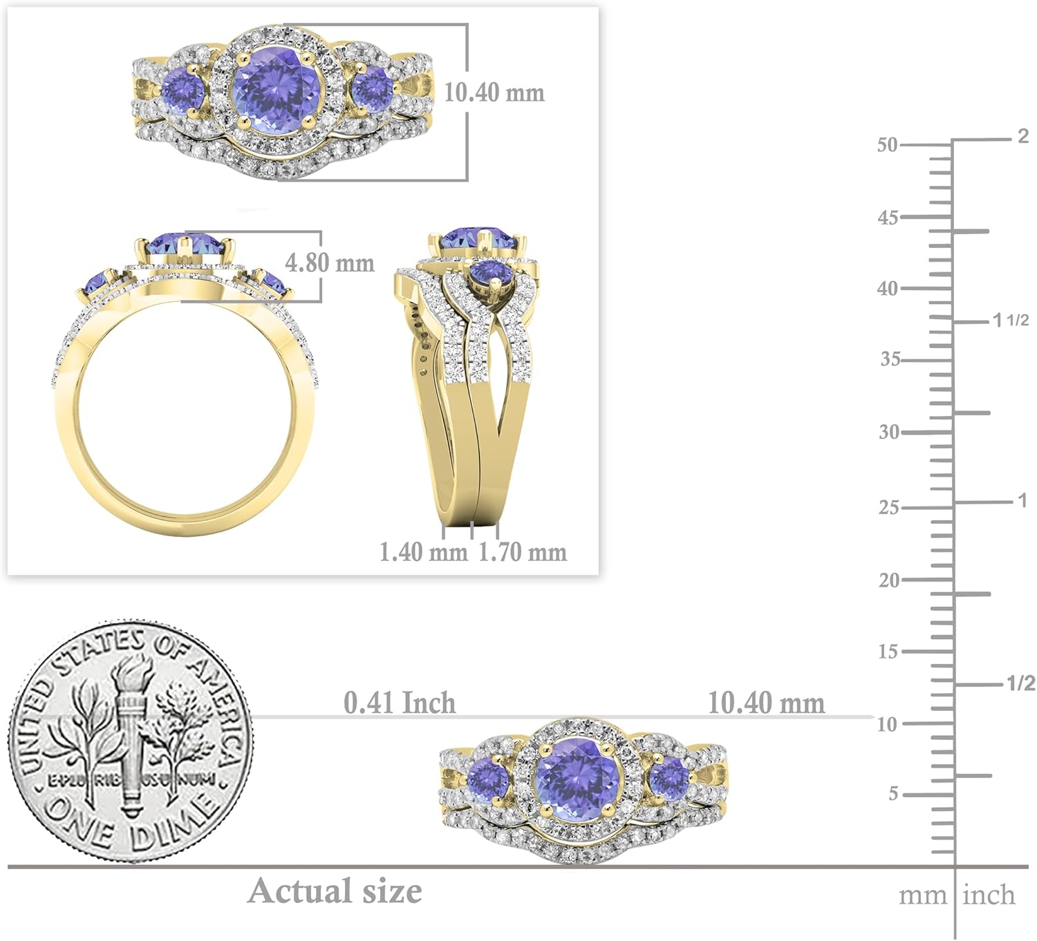 Dazzlingrock Collection 5.5 mm Round Center Gemstone & White Natural Diamond 3 Stone Halo Bridal Engagement Ring Set for Women in 10K Yellow Real Solid Gold