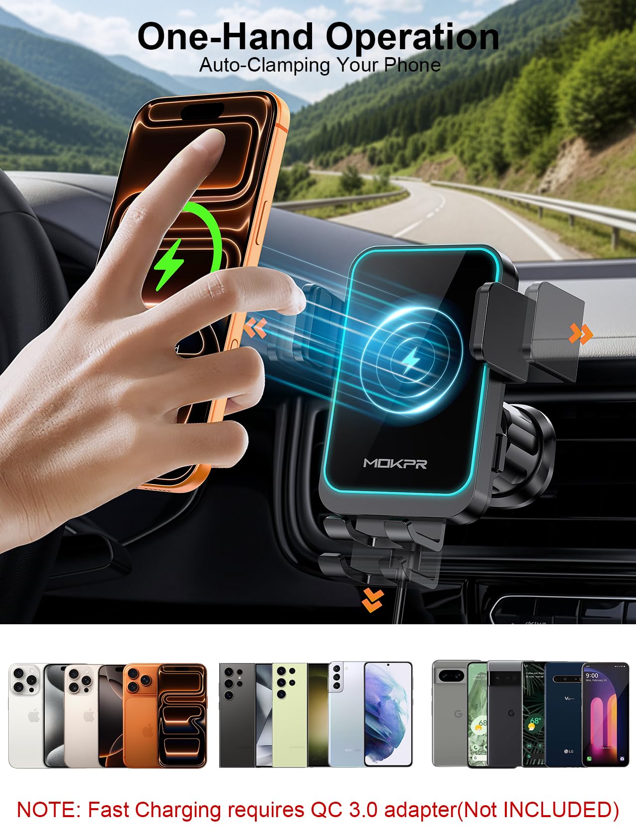 Mobiele telefoonhouder voor in de auto met oplaadfunctie, inductief laadstation, draadloze oplader, 15 W, snelle draadloze oplader, voor iPhone 15/14/13, Samsung S24, S23 LG