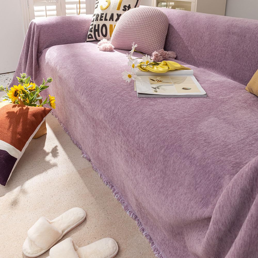 Hiseng Funda Sofa Chenilla, Multiusos Manta Cubre para 1 2 3 4 Plazas Fundas para Sofa Cubre Sillon Cama Chaise Longue Couch Cover Protector | Color Sólido (Morado,180x90cm)