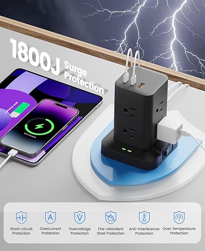 Miniatura 6 de Torre de regleta de alimentación con protector de sobretensiones de 1800J, torre de carga rápida PD20W puertos USB-C con 8 salidas de CA, cable de