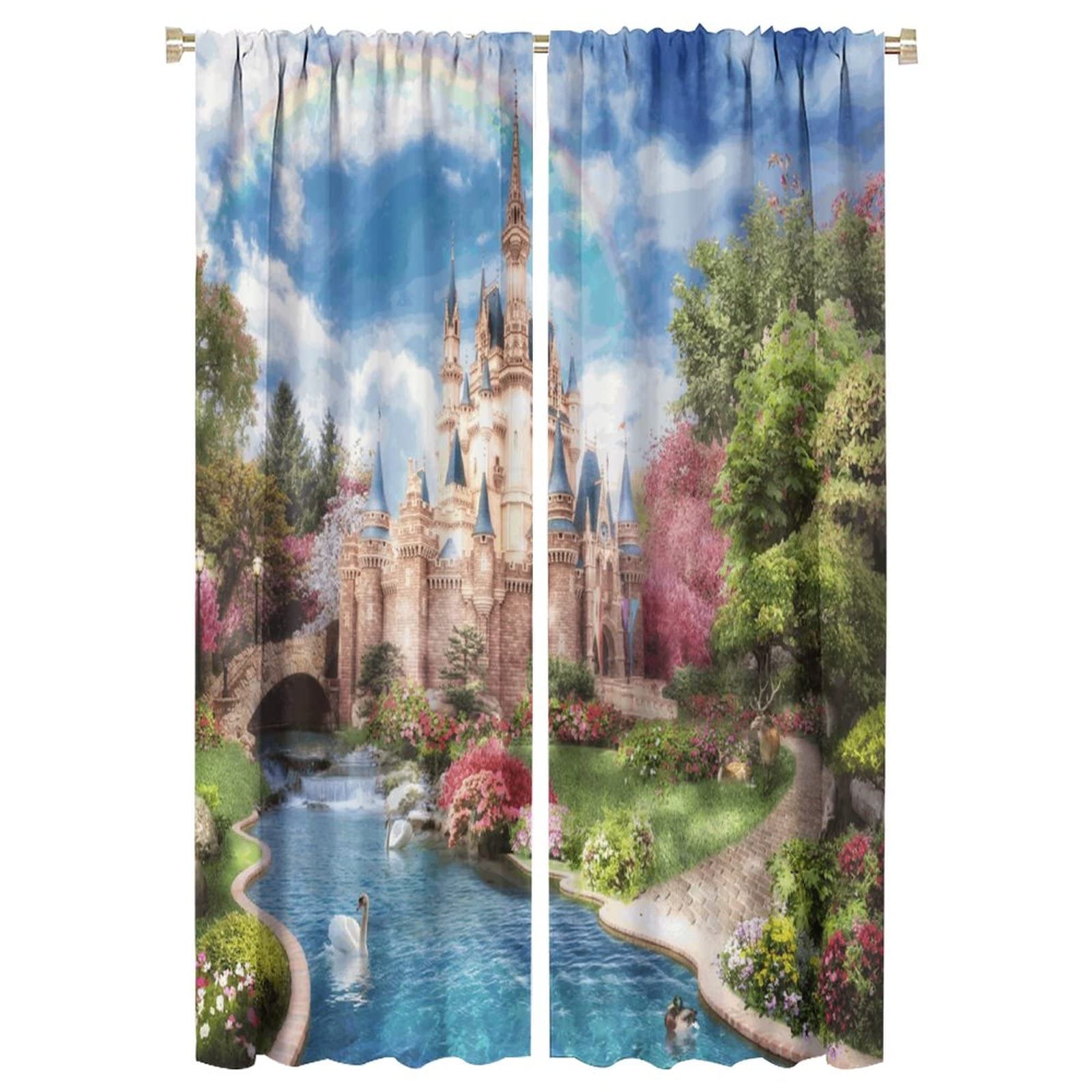 Dreamy Castle Fairy Tale Princess Prince Boys Kids Children Baby Curtain BlueWhite Clouds Home Bedroom Decor Polyester Fabric 2 Panel 42W ×63L Inch