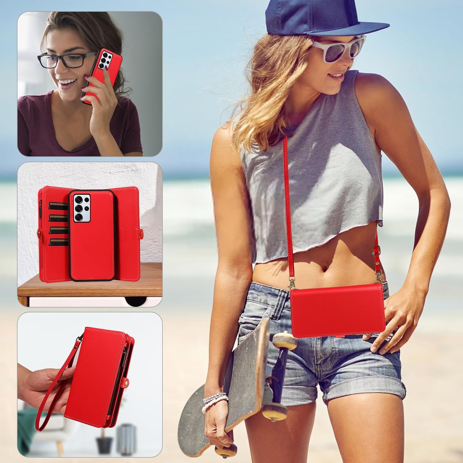 Asuwish Phone Case for Samsung Galaxy S25 Ultra 5G Zipper Wallet Detachable Cover with Screen Protector Crossbody Lanyard Strap Flip Card Holder Slot S25Ultra 25S S 25 25Ultra 6.9 2025 Red