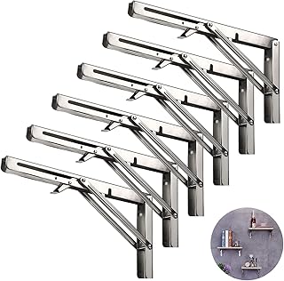 Folding Shelf Brackets 16 Inch, Heavy Duty Stainless Steel Collapsible Hinges Wall Mounted Angle L Bracket for Floating Shleves DIY Foldable Work Bench Table Desk - 6 Pack