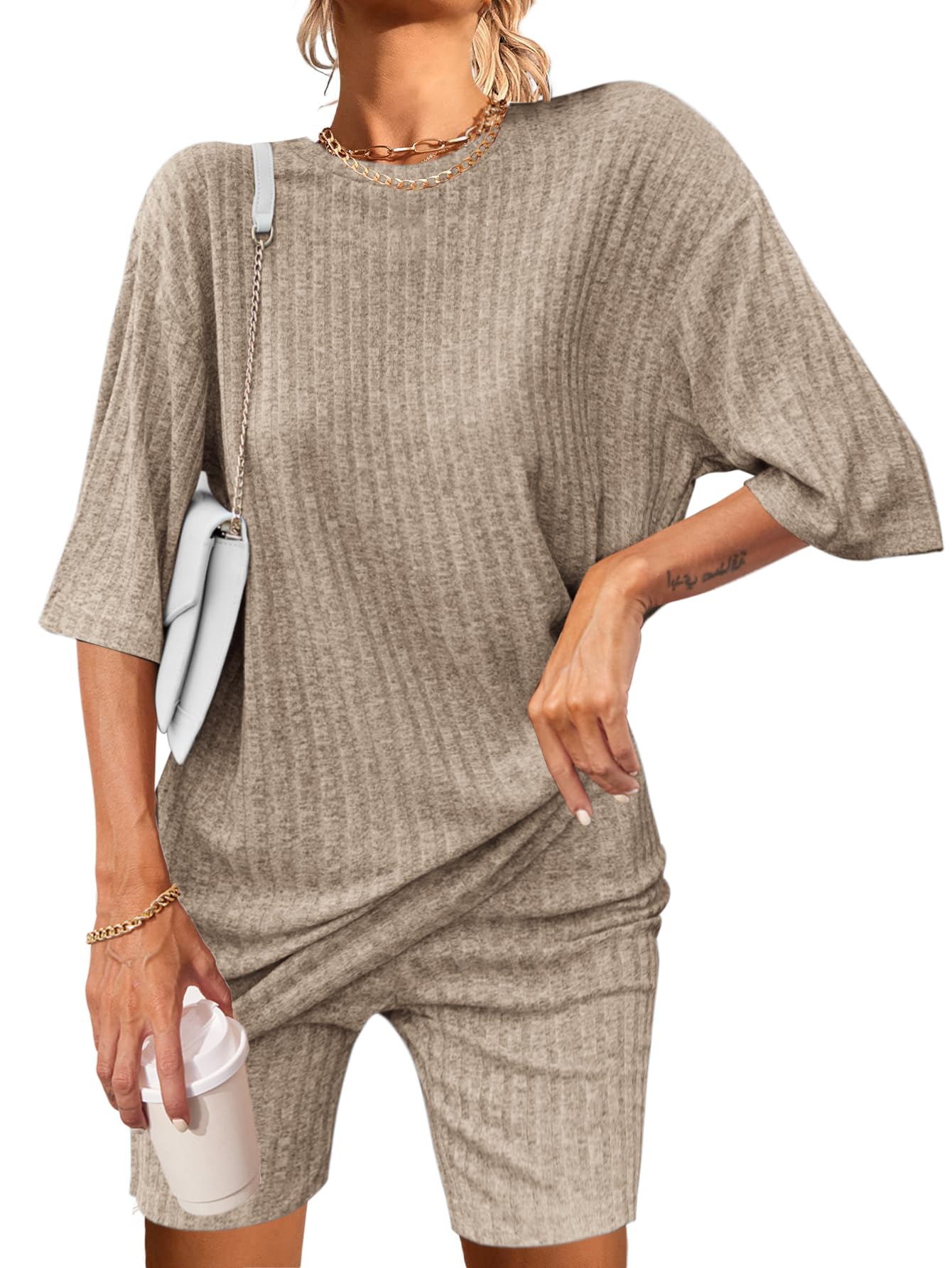 Pajamas 2 Piece Lounge Sets Ribbed Knit Matching Outfits T-shirt Biker Shorts Sleepwear Loungewear Sweatsuits