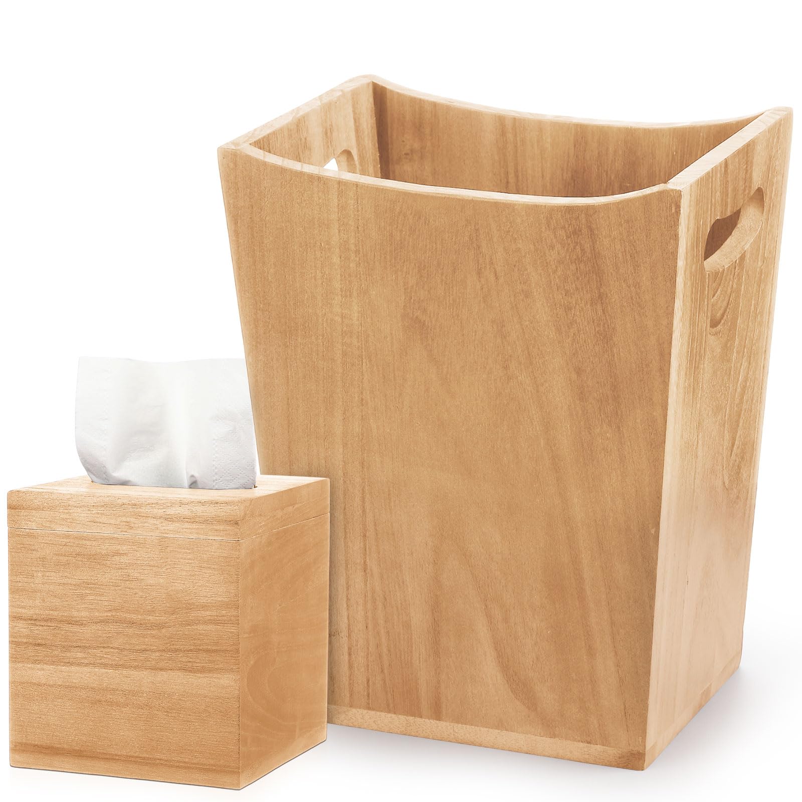 Reallnaive 2 Pcs Trash Can Wastebaskets and Tissue Box Set Rectangular Trash Basket Garbage Can for Bathroom, Living Room, Office, Kitchen(Wood Color,