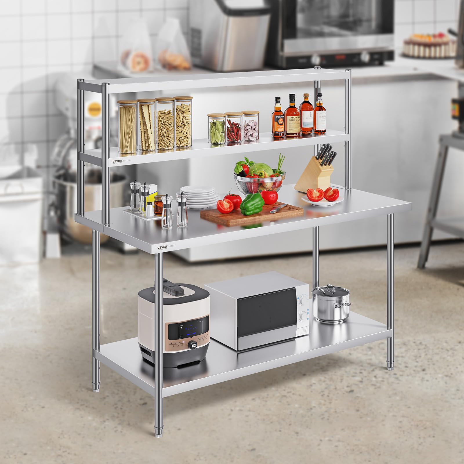VEVOR Estante Superior de Doble Nivel de Acero Inoxidable 305x1524x600 mm Mesa de Preparación de Estante Ajustable en Altura para Cocina, Restaurante, Taller