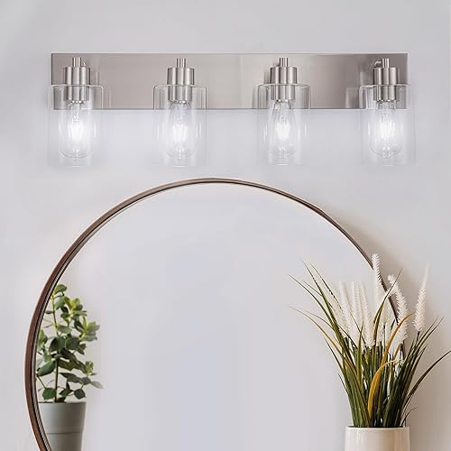 Miniatura 8 de Lámparas de tocador de baño de 4 luces, moderna lámpara de baño con vidrio transparente acabado de níquel cepillado sobre espejo para cocina,