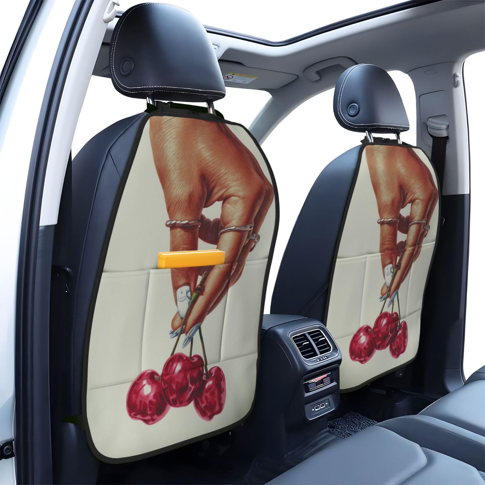 Female Hand Holding Two Charries Vintage Car Seat Back Kick Protectors,2 Pack Kick Mats with Storage Pockets for Vehicles to Protect from Dirt Mud Scratches