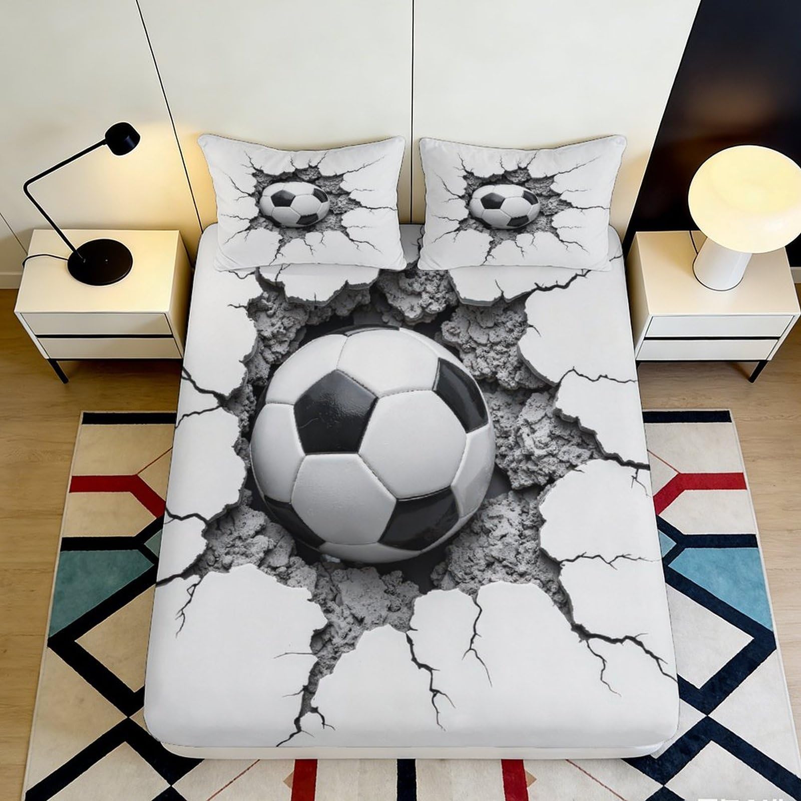 3D Printed Soccer Ball Cracked Wall Fitted Sheet Microfiber Anti-Slip Bed Cover Machine Washable for Bedroom 160x200x25cm
