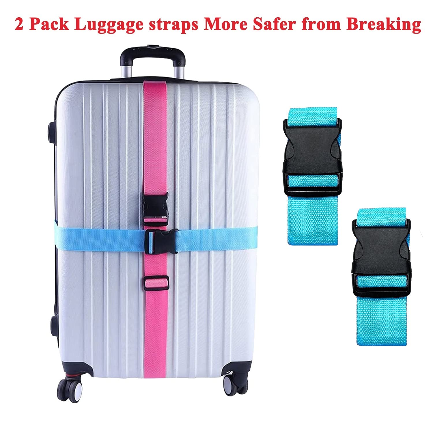 2 Pack Suitcase Belts, Adjustable Luggage Straps, Bright Colors Travel Packing Straps with Quick Release Buckle (Blue)