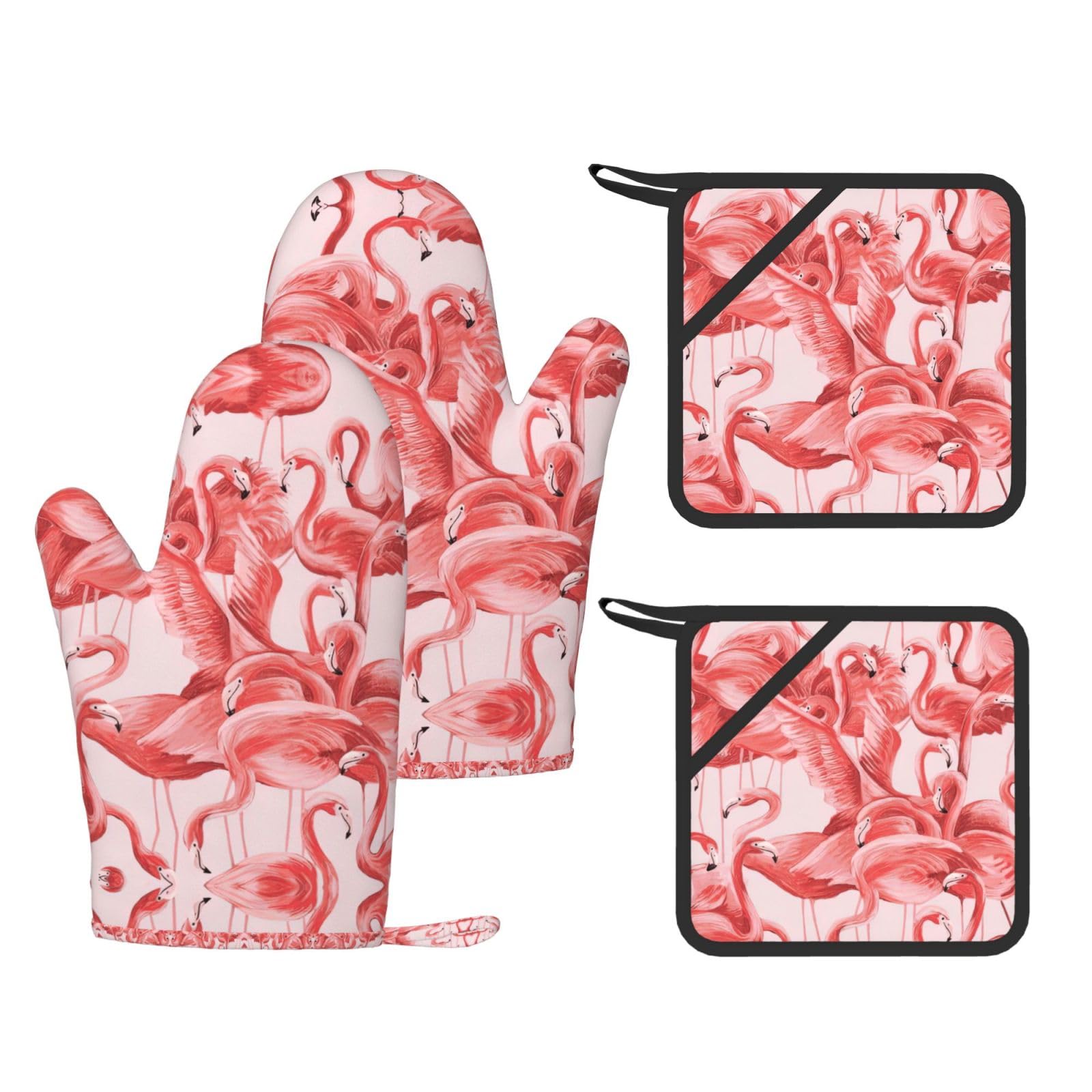 Flamingo Trendy Printed Kitchen Set with Heat Resistant Gloves & Non-Slip Hot Pads for Baking & Grilling