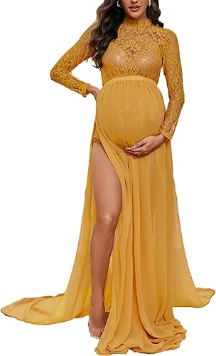 ZIUMUDY Vestido de manga larga con encaje transparente para maternidad para fotografía con falda maxi de gasa para sesión de fotos