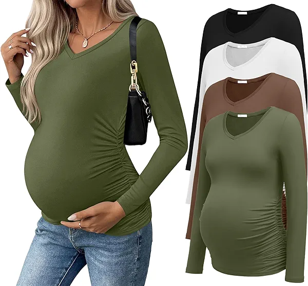 Ekouaer Womens Maternity Shirts Long Sleeve 4 Pack V Neck Side Ruched Pregnancy Tops Blouse Casual Mama Clothes S-XXL