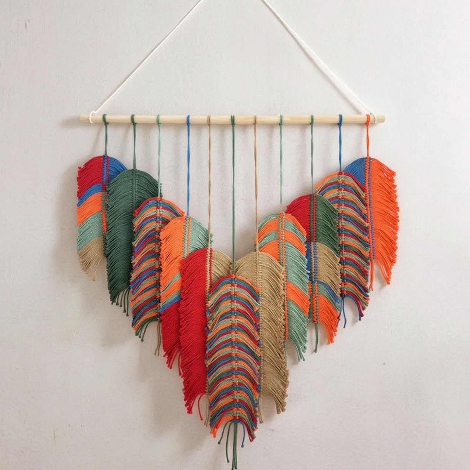Fonowx Tapiz de Hojas Macramé Pared Colgante Decoración Mural Tejido Artesanal con Caída en Barra de Colgado Algodón y Madera Adecuado para Sala de Estar, Verde, 80 110cm
