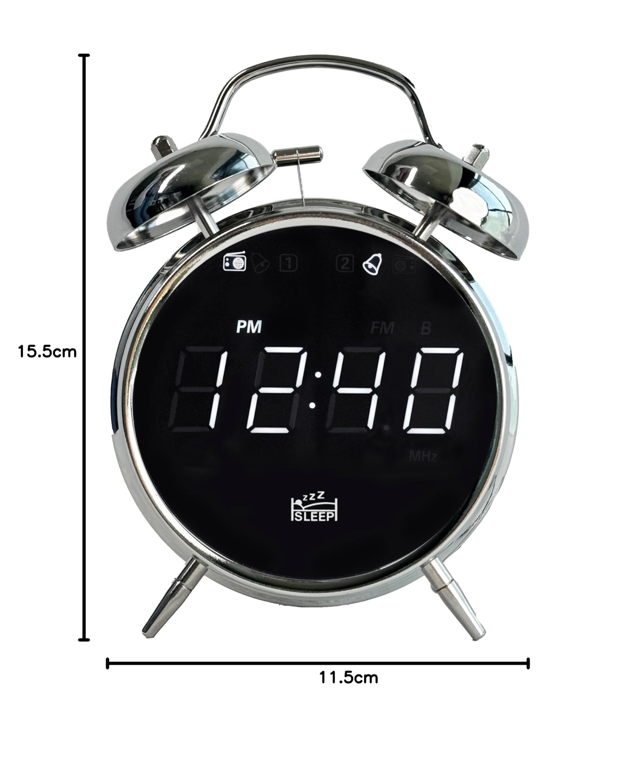 SILVA Schneider URW 240 - Radio de reloj retro con función despertador, doble campana, pantalla regulable, temporizador para dormir, despertador con timbre o radio, cromo