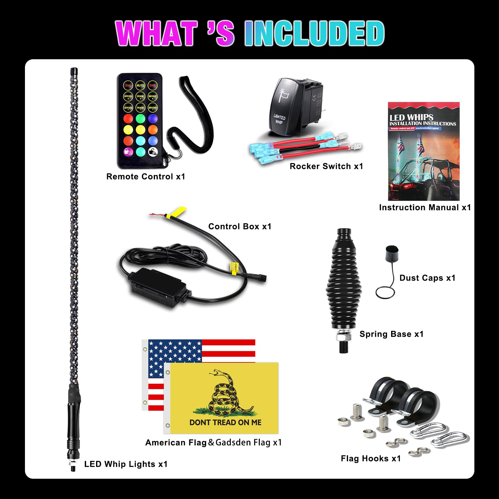 1 pièce de 1 m de lumières LED Whip pour UTV/VTT, APP et télécommande, modes de couleurs changeantes, lumière tout-terrain étanche pour Can-Am, Polaris RZR, buggys de dune, base à ressort