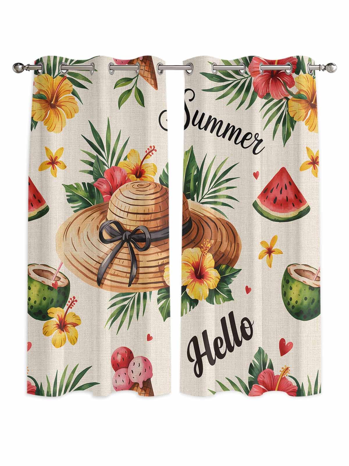 Summer Beach Window Curtains Panels with Silver Grommet,Straw Hat Coconut Watermelon Tropical Kitchen Cafe Curtain Draperies Window Treatment Set for Living Laundry Room/Bedroom/Bathroom/Cafe,84x84