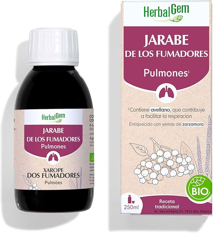 HERBALGEM - Jarabe de los Fumadores - Pulmones - Confort Respiratorio - Para el Bienestar de los Fumadores - Receta Tradicional - Certificado Orgánico - 250ml