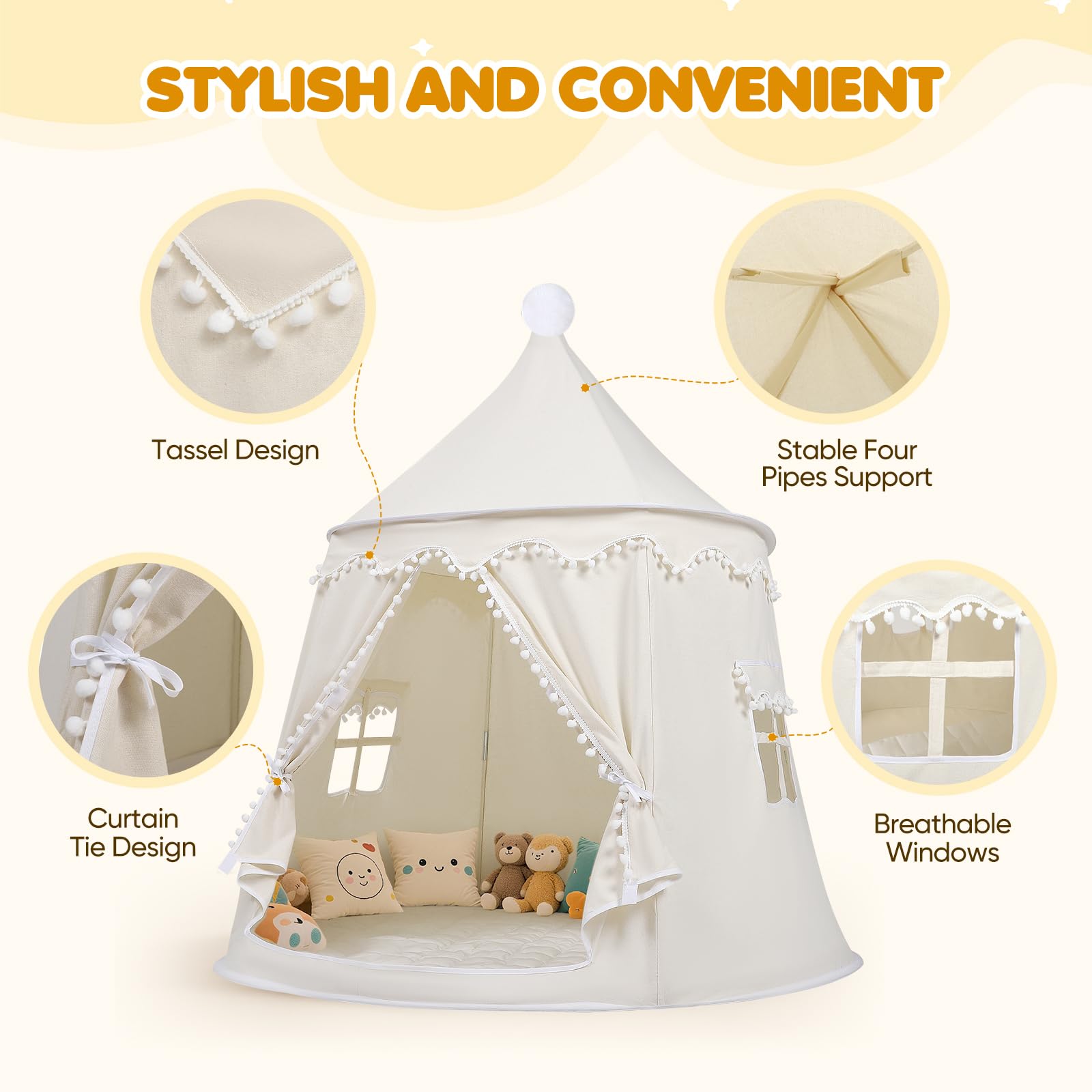 120 cm Spielzelt für Kinder, aus weichem Silky-Cotton-Stoff | 1 Eingang & 2 Fenster (TripleAir-Effect) | inkl. Tasche & Bodenmatte | stabiles Spielhaus