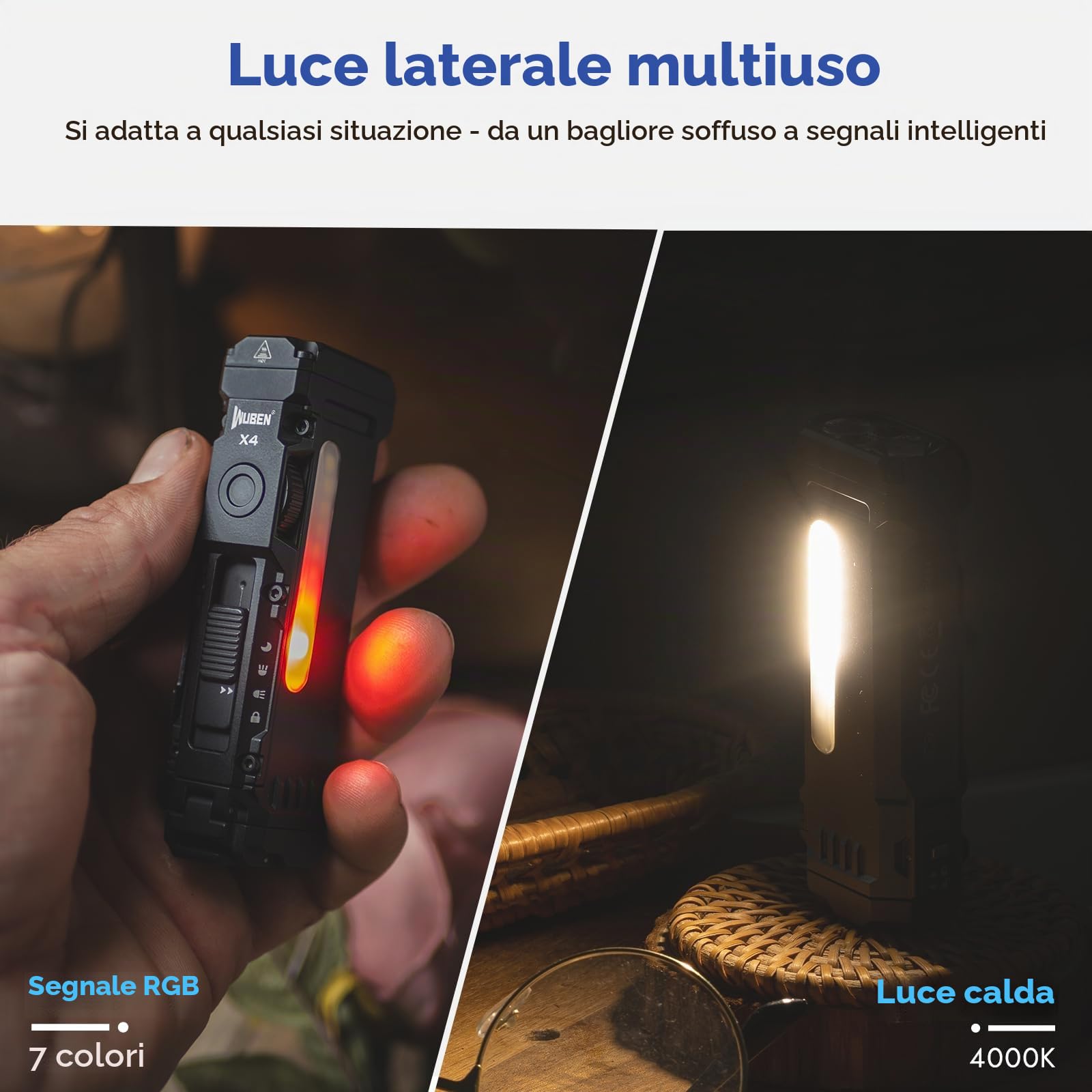 WUBEN X4 EDC - Torcia piatta con luce RGB, 1500 lumen, mini torcia con interruttore tattico e magnetico, IP68, portatile, con clip, USB C, per campeggio, controlli, emergenze