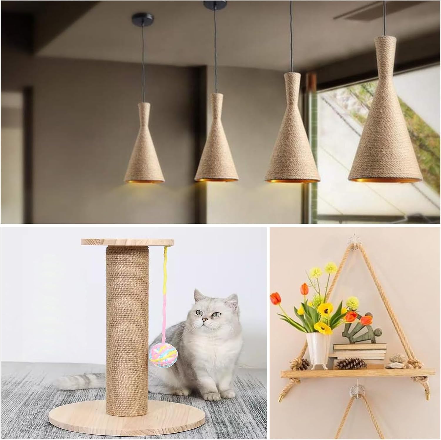 Cuerda de Yute y Cáñamo Natural, 14mm x 15m, Gruesa para Rascador de Gatos, Artesanía, Embalaje y Decoración