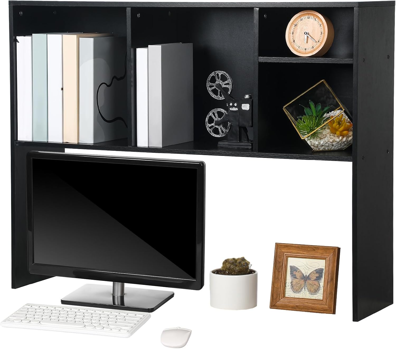 Dorm Desk Hutch Desktop Bookshelf with 5 Shelves 3-Tier Wood Countertop Desk Shelf Top Only Organizer for College Dorm Office Home, 37 x 9.5 x 28.7 Inch(Black)