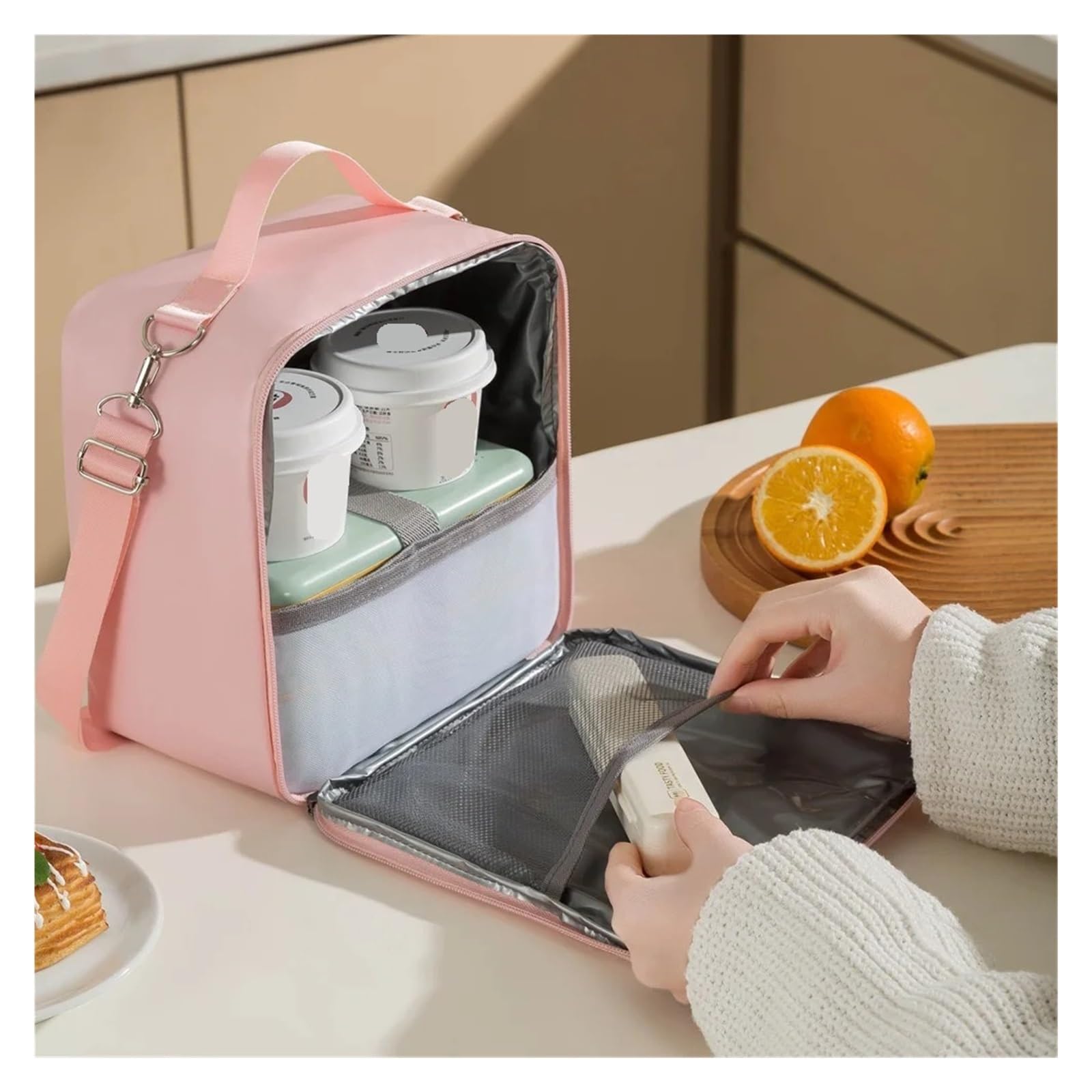 Compatible con bolsa Bento de un hombro, fiambrera, trabajador oficina, transporte, aislamiento térmico(Square White)