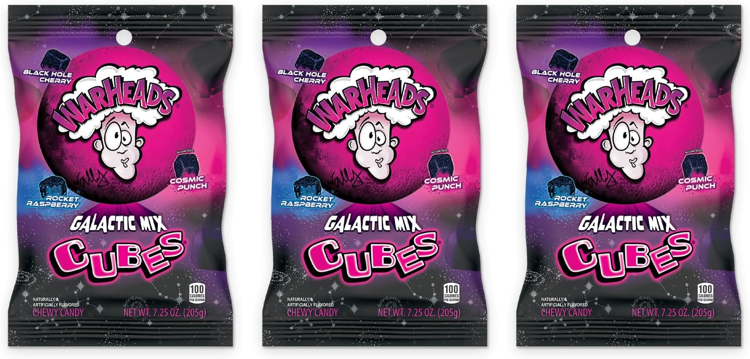 WARHEADS Galactic Mix Cubes - Sour Sweet & Fruity Chewy Candy - Black Hole Cherry, Rocket Raspberry & Cosmic Punch Flavors - 7.25 oz. Bags - 3 Pack