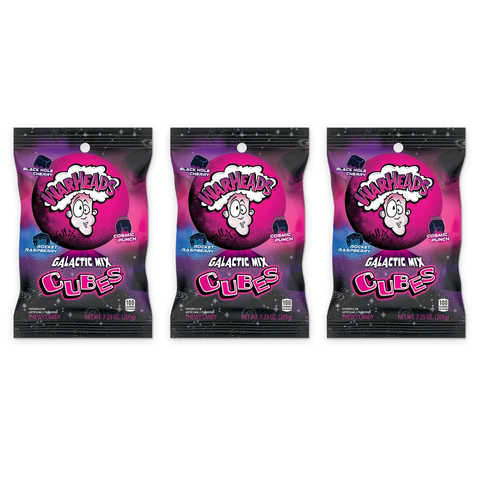 WarheadsGalactic Mix Cubes - Sour Sweet & Fruity Chewy Candy - Black Hole Cherry, Rocket Raspberry & Cosmic Punch Flavors - 7.25 oz. Bags - 3 Pack