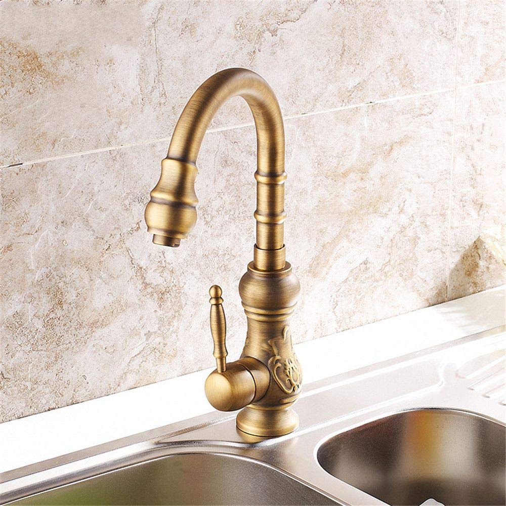 Cobre puro Retro Mezclador de agua fría y caliente Grifo de cocina Giratorio Mesa antigua Lavabo Aumento Grifo de lavabo Manija única con aireador