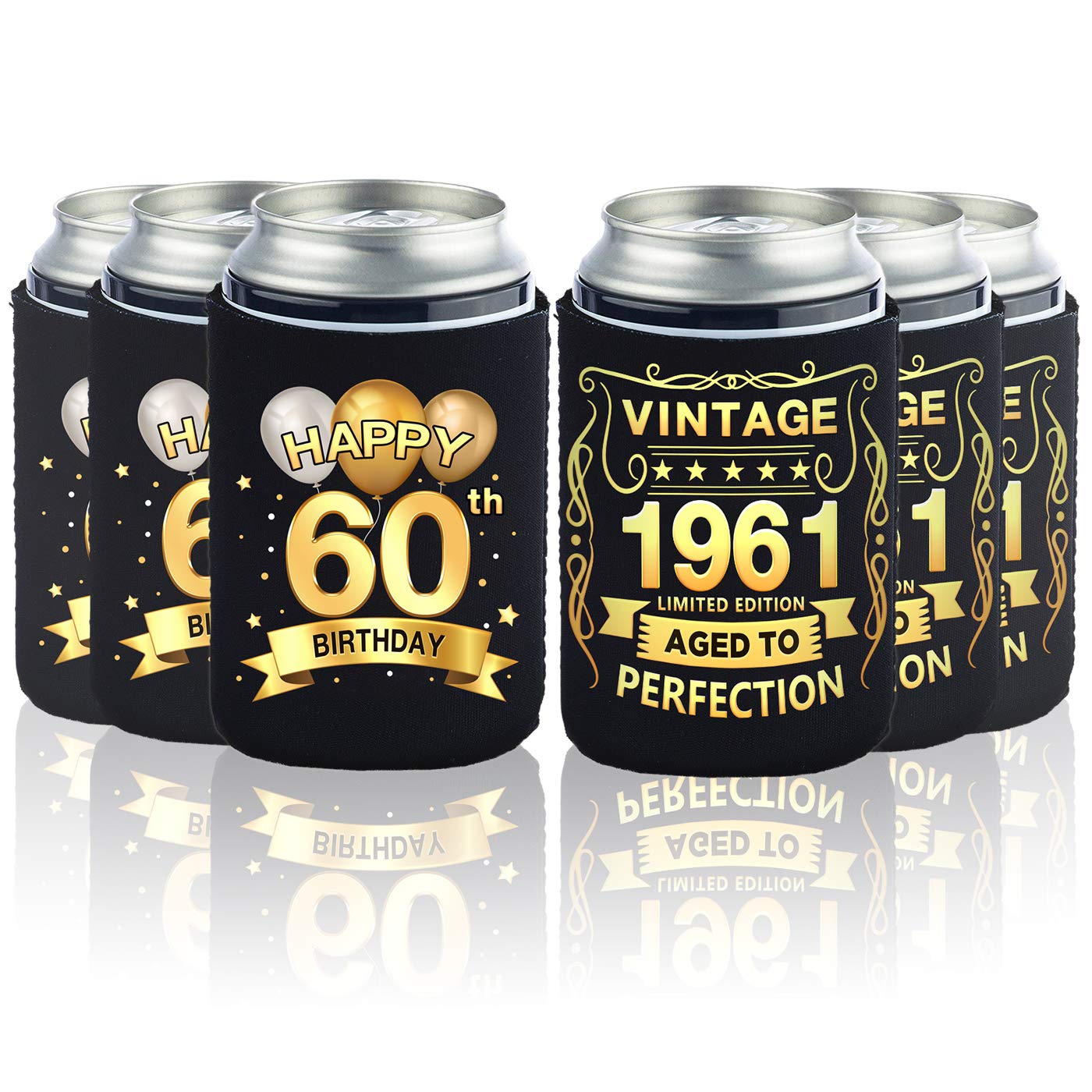 Greatingreat60th Birthday Can Cooler Sleeves Pack of 12-60th Anniversary Decorations- Vintage 1960-60th Birthday Party Supplies - Black and Gold fiftieth Birthday Cup Coolers