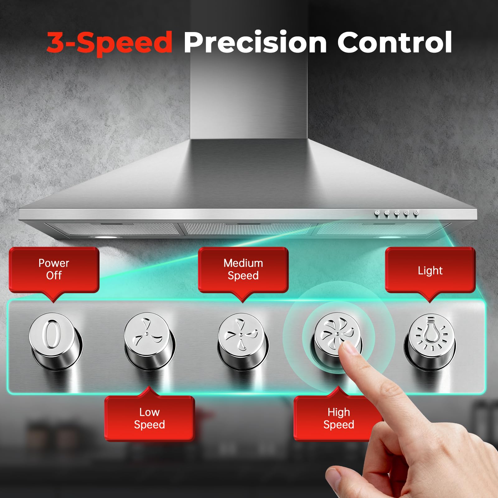 SNDOAS Chimney Cooker Hood 90cm, 400m³/h Extractor Fan for Kitchen with Carbon Filters, A+++, 3-Speed with LED Lights, Recirculating & Ducting Modes Wall Mounted Range Hood, Silver — view 4