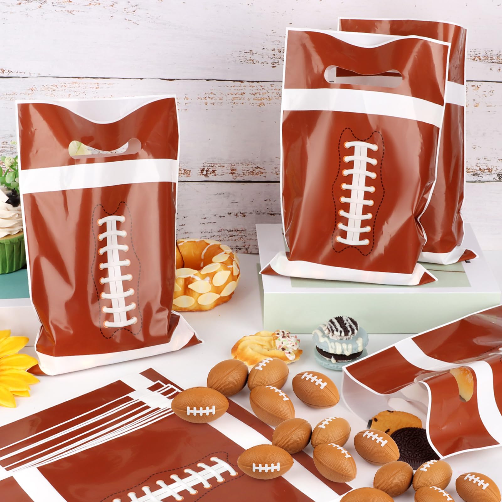 Hxezoc 50 Pieces Football Gift Bags with Handle, Plastic Treat Candy Bag Sport Favor Bags For Kids Birthday Party Decoration Supplies