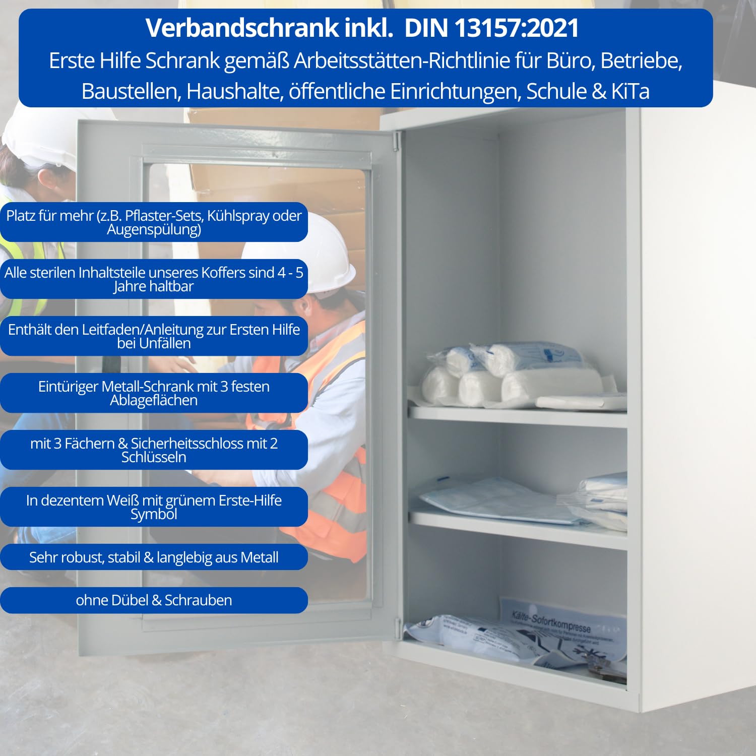 Botiquín de primeros auxilios con ventana y DIN 13157:2021, botiquín con 3 compartimentos, cerradura de seguridad, metal, medidas: 46 x 30 x 14 cm, armario para medicamentos para colgar y espacio para
